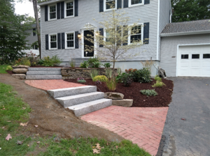 Brick walkway with granite steps in Concord NH landscape