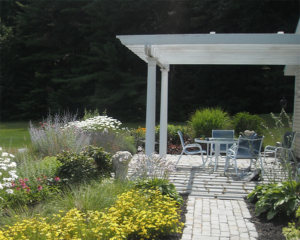 Patio and garden in Concord NH by landscaper DeJohn Landscaping